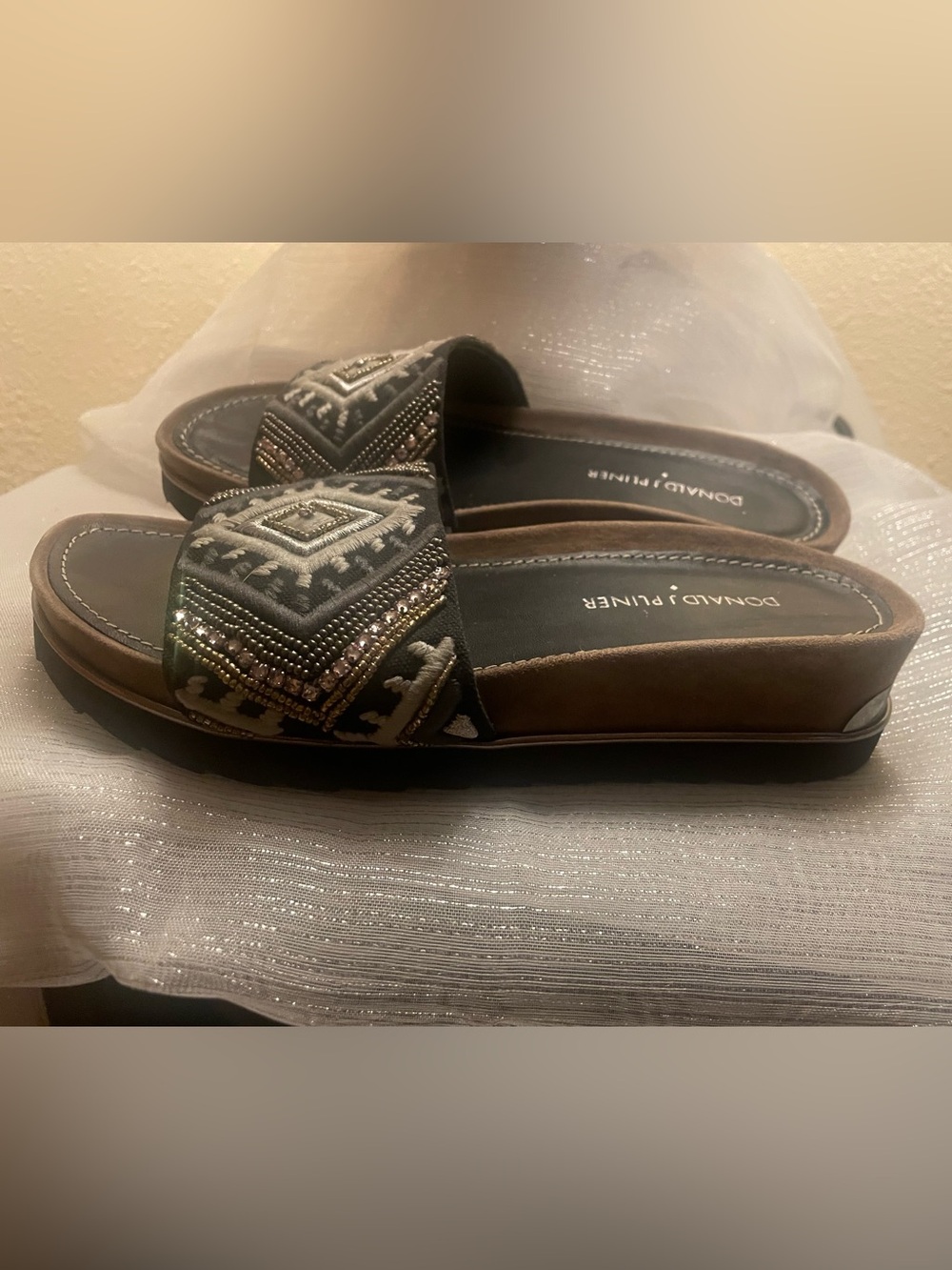 Donald J. Pliner Black and Brown Embellished Slide Sandals